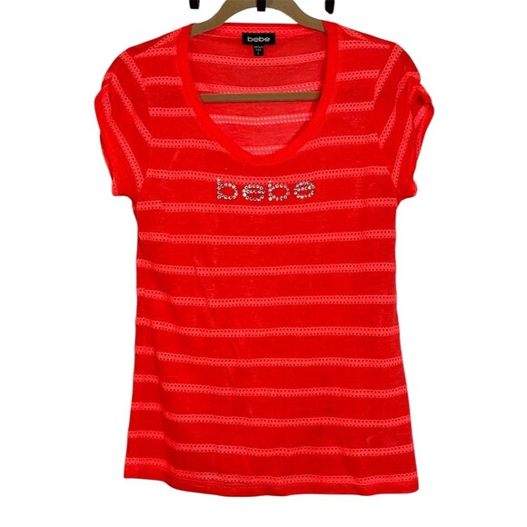 Y2k Bebe T-Shirt Womens L Red Striped Rhinestone Summer Bling Party Festive - Picture 6 of 11